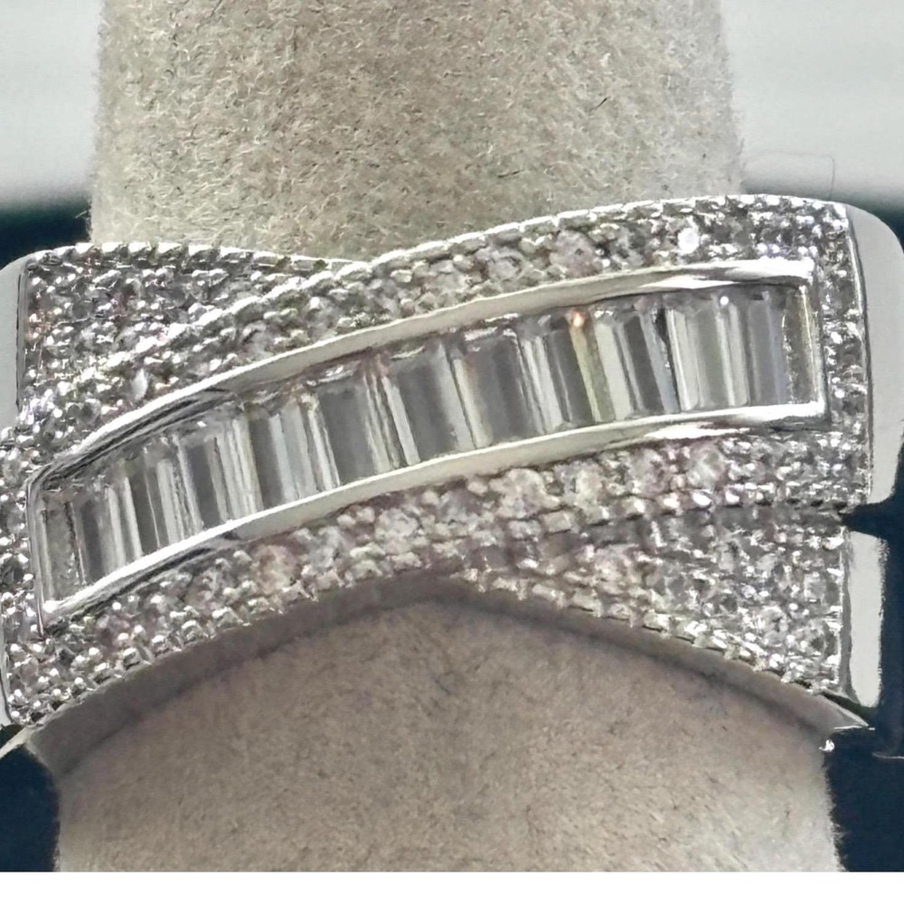 Ring Silver Tone Cubic Zirconia Baguette Crossover Statement Style New 7 - Picture 2 of 6